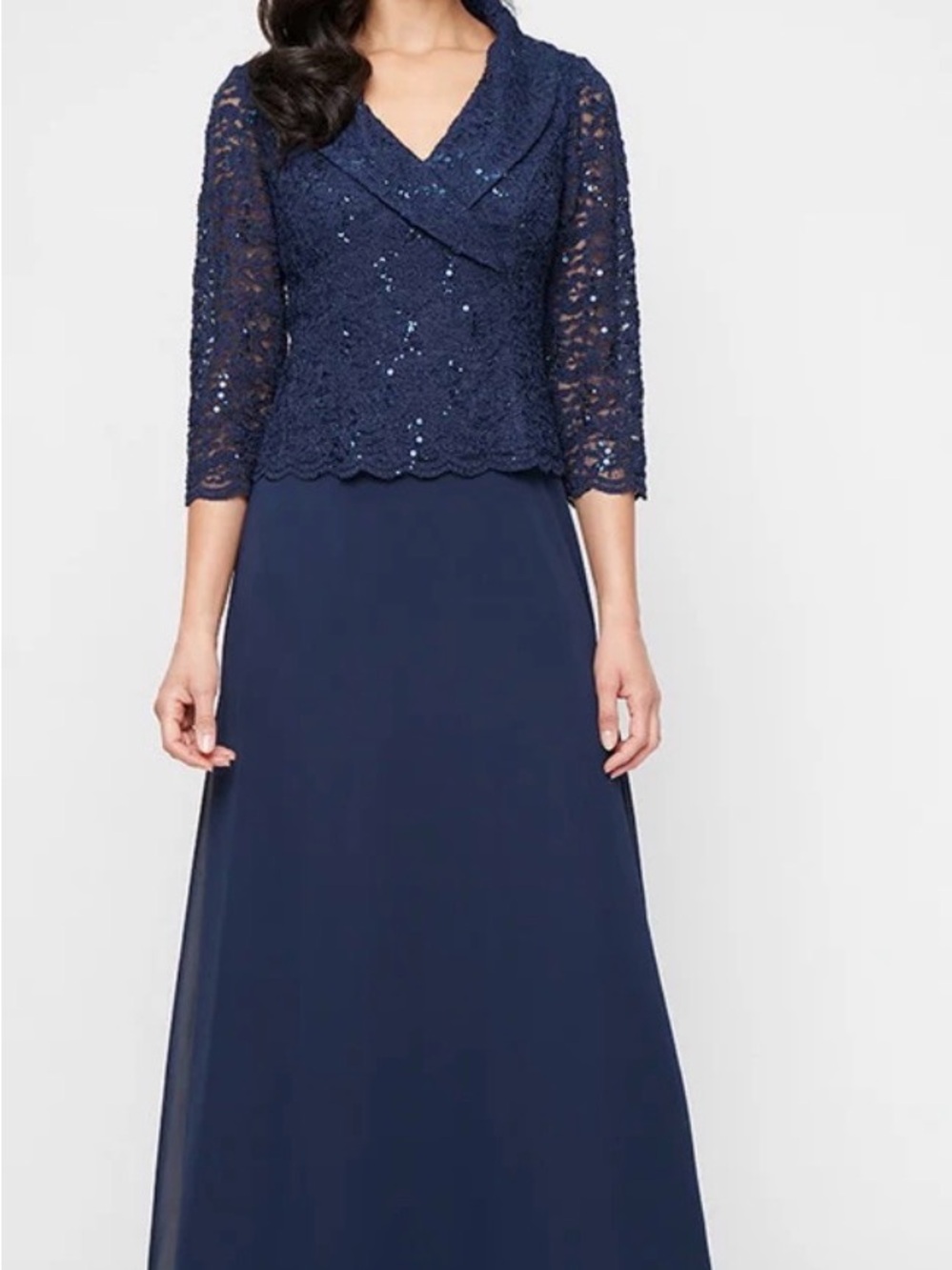 Alex Evenings Navy Lace Maxi Skirt with Sequin Bodice